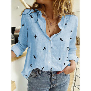 Plus Size 5XL 2020 Birds Printed Women Shirt Cotton Linen Long Sleeve Female Shirts Spring Summer Loose Casual Lady Vintage Tops