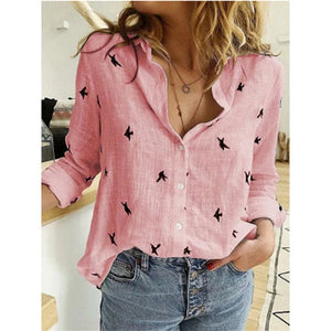 Plus Size 5XL 2020 Birds Printed Women Shirt Cotton Linen Long Sleeve Female Shirts Spring Summer Loose Casual Lady Vintage Tops