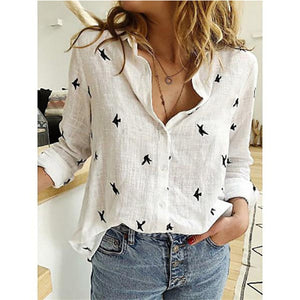 Plus Size 5XL 2020 Birds Printed Women Shirt Cotton Linen Long Sleeve Female Shirts Spring Summer Loose Casual Lady Vintage Tops