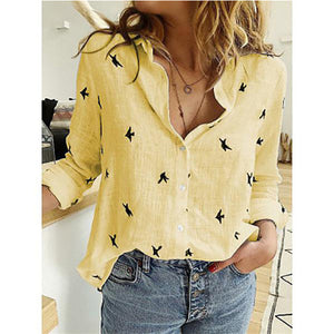 Plus Size 5XL 2020 Birds Printed Women Shirt Cotton Linen Long Sleeve Female Shirts Spring Summer Loose Casual Lady Vintage Tops